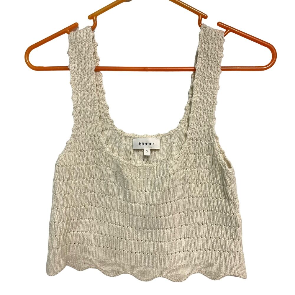 Bohme Women's Nylon Blend Cream Knit Cropped Tank Scallop Hem Size Small